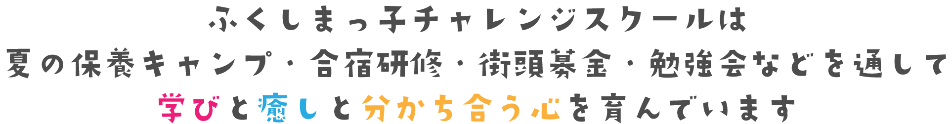 ふくしまっ子チャレンジスクールは夏の保養キャンプ・合宿研修・街頭募金・勉強会などを通して学びと癒しと分かち合う心を育んでいます